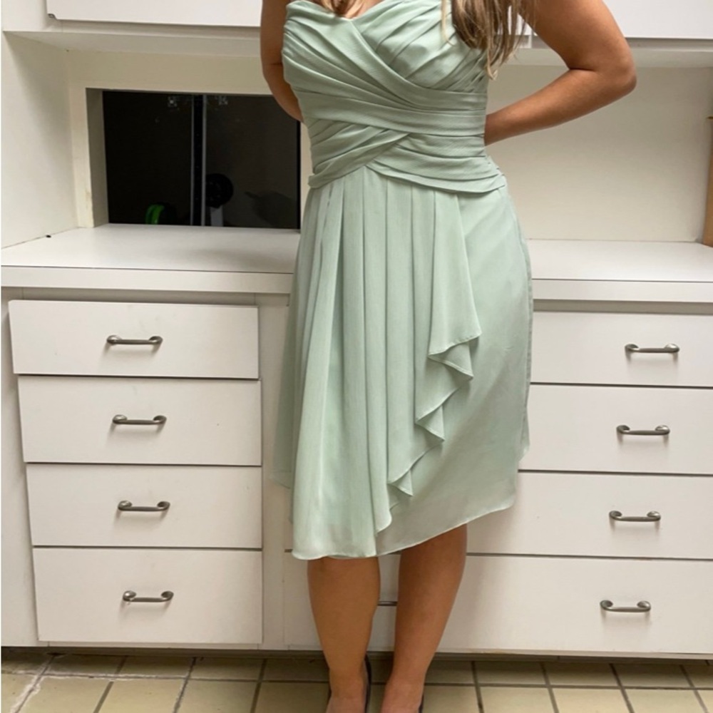 David's Bridal Green Asymmetrical Ruched Sundress